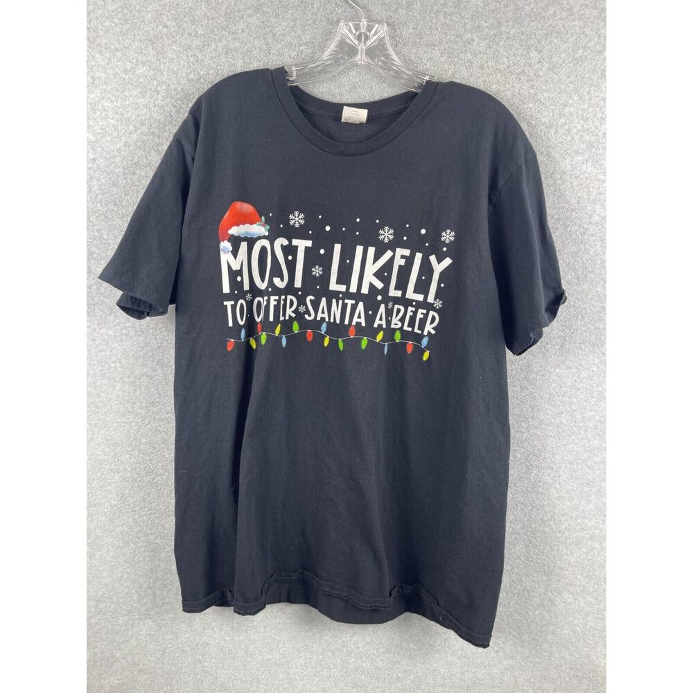 Most Likely to Offer Santa a Beer Shirt Size XL Black Short Sleeve Christmas Tee